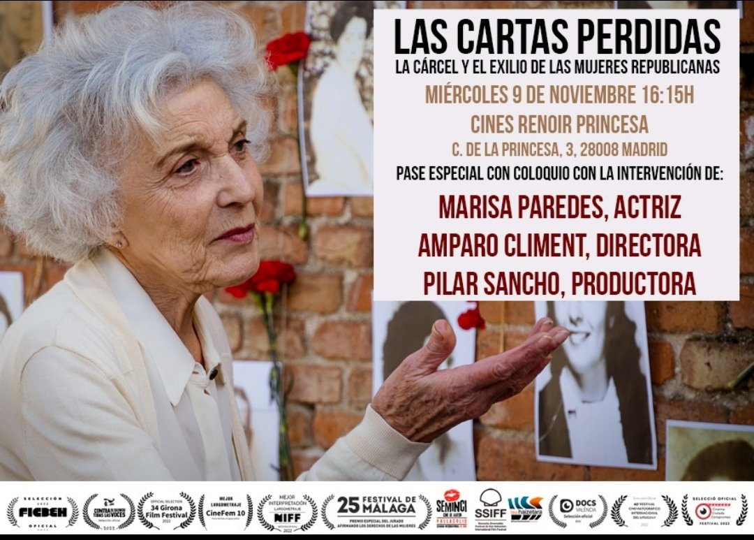 Mañana en <a href="/CinesRenoir/">Cines Renoir</a> encuentro con #MarisaParedes, actriz de <a href="/cartaspeli/">Las Cartas Perdidas</a> y <a href="/amparocliment/">Amparo Climent</a> su directora junto a #PilarSancho, productora.  #FelizMartes #memoria #cine #documental #mujeres