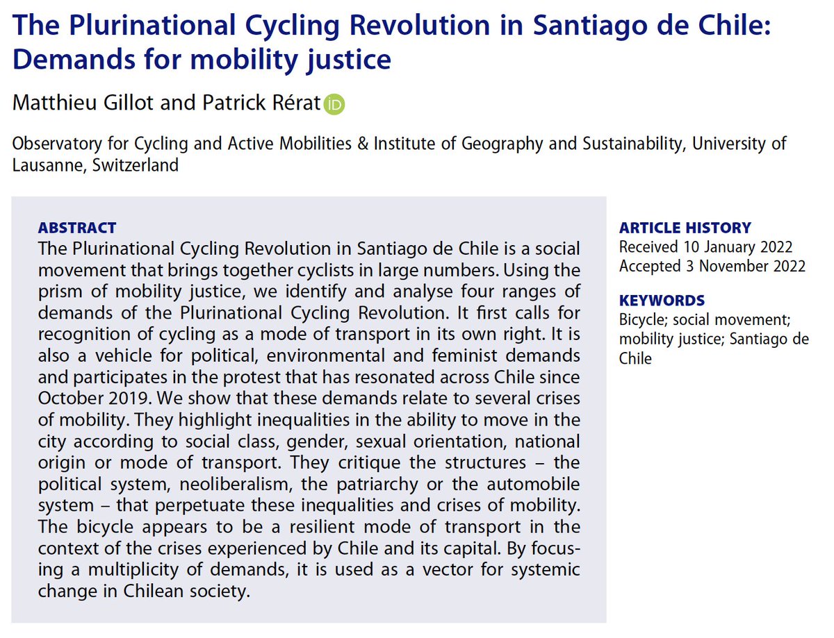 PatrickRerat's tweet photo. 📢New paper on the Plurinational Cycling Revolution in Santiago with @Gillot_M 🚲🇨🇱🚲
We analyzed this movement through the lens of mobility justice and its cycling, political, environmental, feminist demands
https://t.co/vdMADEXLnH 50 free online copies. DM if you can't access https://t.co/mFl73Tk1PI