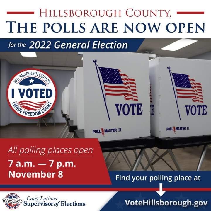 JenMcDonaldFL's tweet photo. Hillsborough County, happy #ElectionDay! Polls are now open for the 2022 General Election, 7 a.m. - 7 p.m. Visit https://t.co/f8xsHB6cB4 to double check your precinct before you head out to vote. See you at the polls! #VoteHillsborough #AreYouReadyToVote https://t.co/rQHAf9GSnm