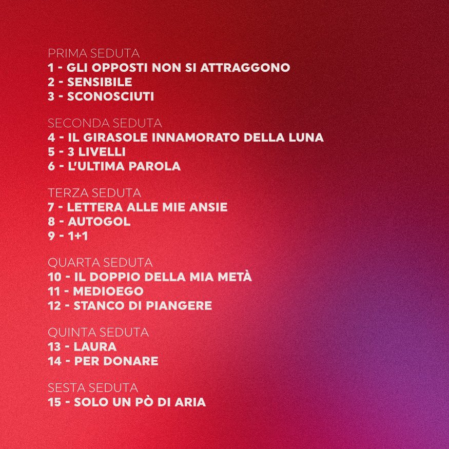 TRACKLIST CONDIVIVERE!!!

Nudo. 
Io qui sono nudo.
Non so dove ho trovato il coraggio.
Ma l’ho trovato.
In questi 21 Spazi c’è tutto il mio passato.
Tutti i mostri.
Tutti i traumi.

15 canzoni
6 specchi 

Quale vi incuriosisce di più? 🧶