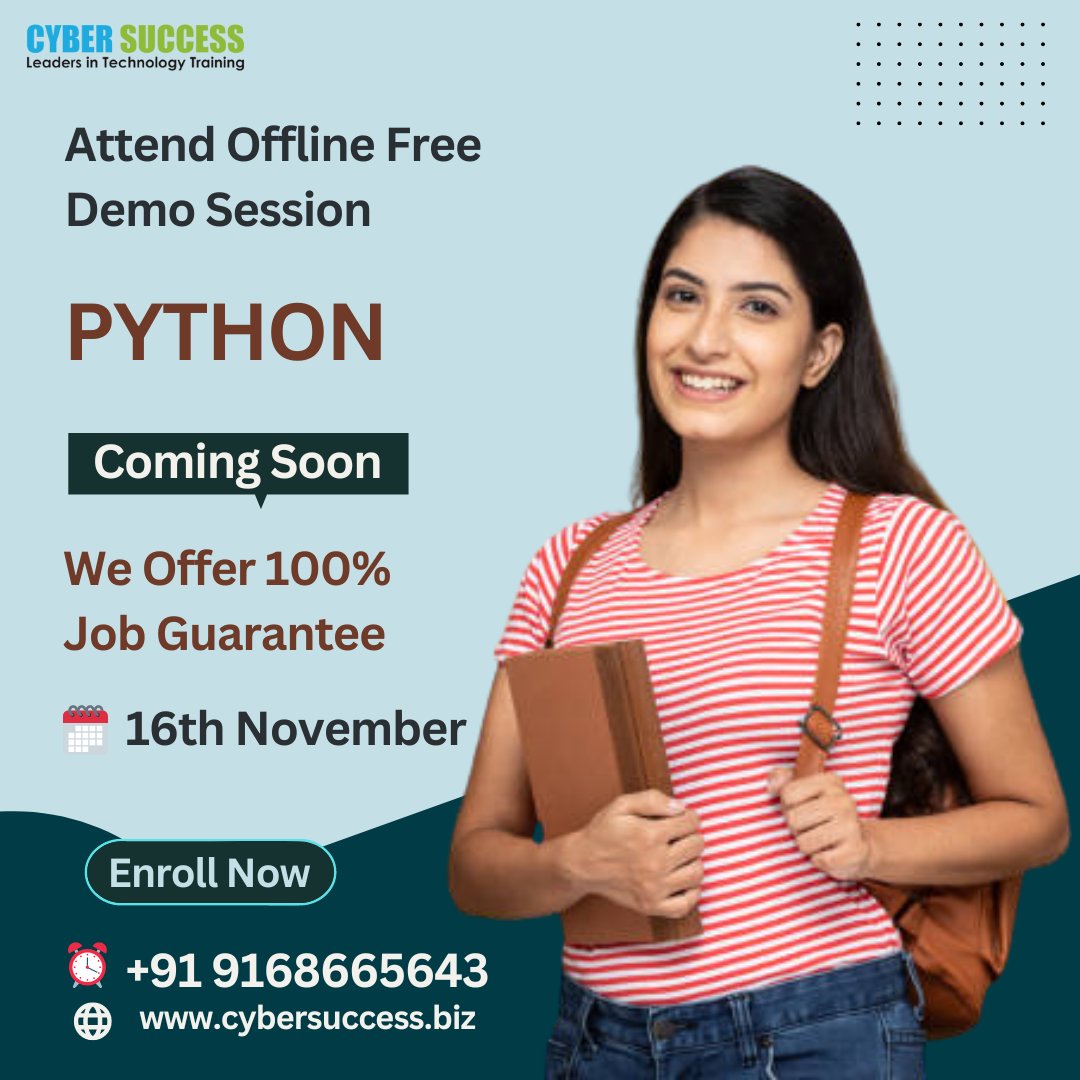CyberSuccess_CS's tweet image. New Offline Batch of Python 16th November
Grab the opportunity of learning
Certification Course, 100% Job Guarantee.
For more updates
Call Us: +91- 9168665643
Visit Us: cybersuccess.biz 
#pythoncourse #pythoncourseonline #python #pythoncode #cybersuccess #ittrainingcenter