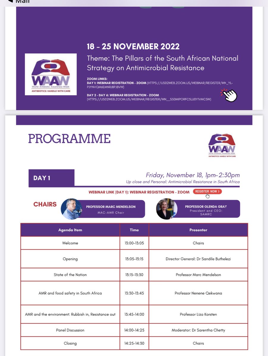 Marc Mendelson (@southafricanasp) on Twitter photo Looking forward to kicking off 5 days of 🇿🇦 1-2h symposia on all aspects of #AMR for #WAAW2022 with co-chair <a href="/GmyworldG/">Glenda Gray</a> on day 1.
Full programme protect-za.mimecast.com/s/sf6wCoYnqyty…
Registration for day 1 us02web.zoom.us/webinar/regist…
Registration for day 2-6 us02web.zoom.us/webinar/regist… Looking forward to kicking off 5 days of 🇿🇦 1-2h symposia on all aspects of #AMR for #WAAW2022 with co-chair <a href="/GmyworldG/">Glenda Gray</a> on day 1.
Full programme protect-za.mimecast.com/s/sf6wCoYnqyty…
Registration for day 1 us02web.zoom.us/webinar/regist…
Registration for day 2-6 us02web.zoom.us/webinar/regist…