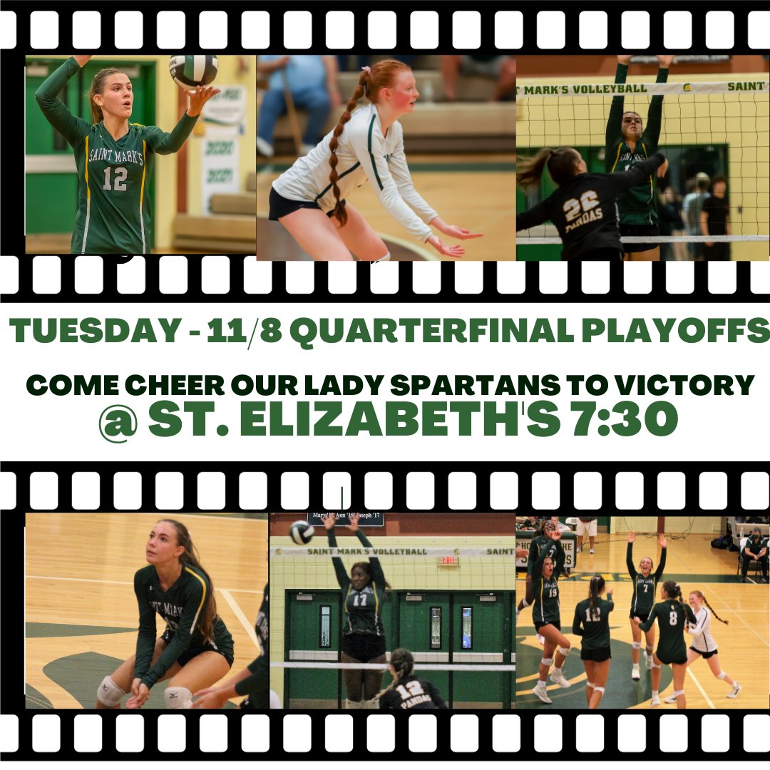 SaintMarksVB's tweet photo. 💥 GAME DAY!!💥🏐DIAA Volleyball Playoffs  🏐
Your 2020 &amp; 2021, State Champion Saint Mark’s Spartans continue their quest for another championship tonight vs. Newark Charter💛💚🏐🏆🙌👍🏆                 
⏰ 7:30pm📍Saint Elizabeth's
🎟 https://t.co/MlXBUcVLOJ
#SaintMarksHS https://t.co/jbTFGYpgep
