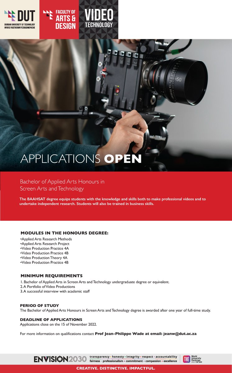 Applications are open for the Bachelor of Applied Arts Honours in Screen Arts Technology.  Kindly contact Professor Jean Philippe Wade at JeanW@dut.ac.za for more information or to apply.