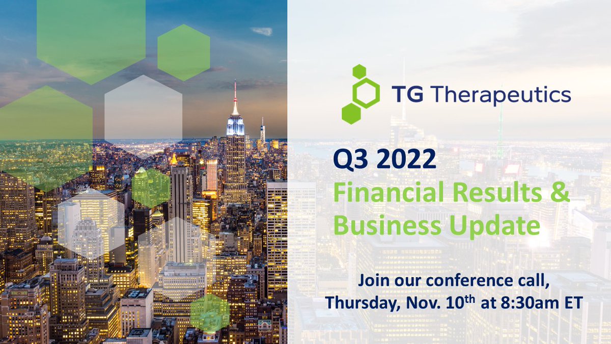 TGTherapeutics's tweet photo. On Thursday, November 10th, we will be hosting a Q3 2022 Earnings Call at 8:30AM ET. Dial in: 1-877-407-8029 (U.S.), 1-201-689-8029 (Ex-US) Title: TG Therapeutics - Webcast available at: https://t.co/5RNBBuoorF $TGTX #FearlessForScience #Earnings https://t.co/e5YkAXAZUg