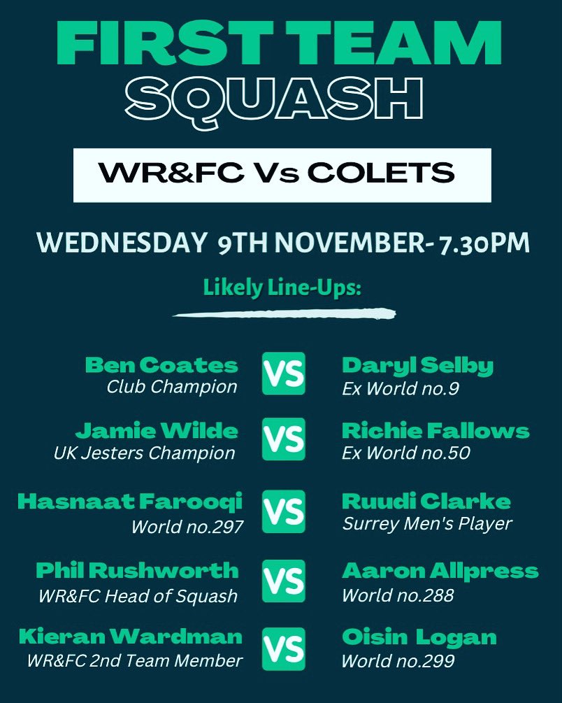 Wimbledon Racquets (@wimbledonracque) on Twitter photo 🚨First Team Squash!
Join us tomorrow evening from 7.30pm as we take on <a href="/ColetsHealth/">Colets Health and Fitness</a> in the @SurreySquash league 🎉
Spectators can watch world class squash free of charge 👌
#surreycupsquash <a href="/WimbledonNews/">Wimbledon Times</a> <a href="/WimbledonBrew/">Wimbledon Brewery</a> <a href="/WimbledonScene/">Wimbledon Scene</a> <a href="/WimbledonNewsie/">Wimbledon Newsie</a> <a href="/sportroehampton/">Sport and Active Communities</a> 🚨First Team Squash!
Join us tomorrow evening from 7.30pm as we take on <a href="/ColetsHealth/">Colets Health and Fitness</a> in the @SurreySquash league 🎉
Spectators can watch world class squash free of charge 👌
#surreycupsquash <a href="/WimbledonNews/">Wimbledon Times</a> <a href="/WimbledonBrew/">Wimbledon Brewery</a> <a href="/WimbledonScene/">Wimbledon Scene</a> <a href="/WimbledonNewsie/">Wimbledon Newsie</a> <a href="/sportroehampton/">Sport and Active Communities</a>