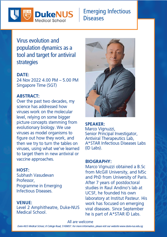 VignuzziLab's tweet photo. My first official seminar as a new PI at @idlabs_astar ! Join me in person at DukeNUS Medical School @dukenus, where I hope to make new friends and collaborators as my lab grows over the next months! https://t.co/KX4Y7wKYPM