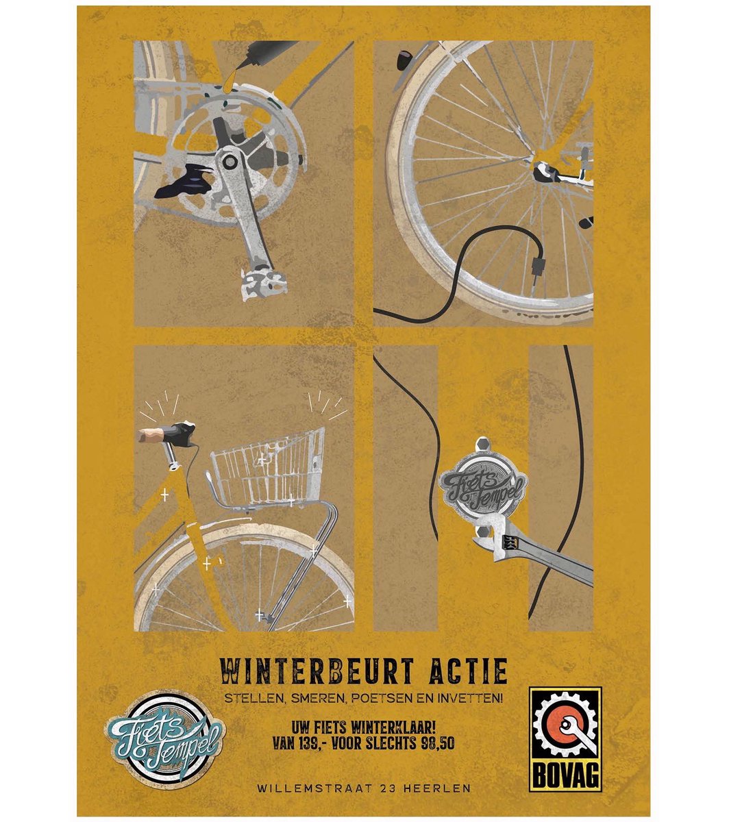 FietsTempelNL's tweet photo. Winterbeurt #aanbieding*. Stellen, smeren, poetsen en invetten. Uw hele fiets; tot in de kleinste details. Dat bevordert niet enkel de levensduur, maar u komt ook veilig en probleemloos deze winter door. 
Oh ja, nieuwe (winter-)banden, die #vervangen we daarbij #gratis. Meer: https://t.co/ZVAgq9QXk3