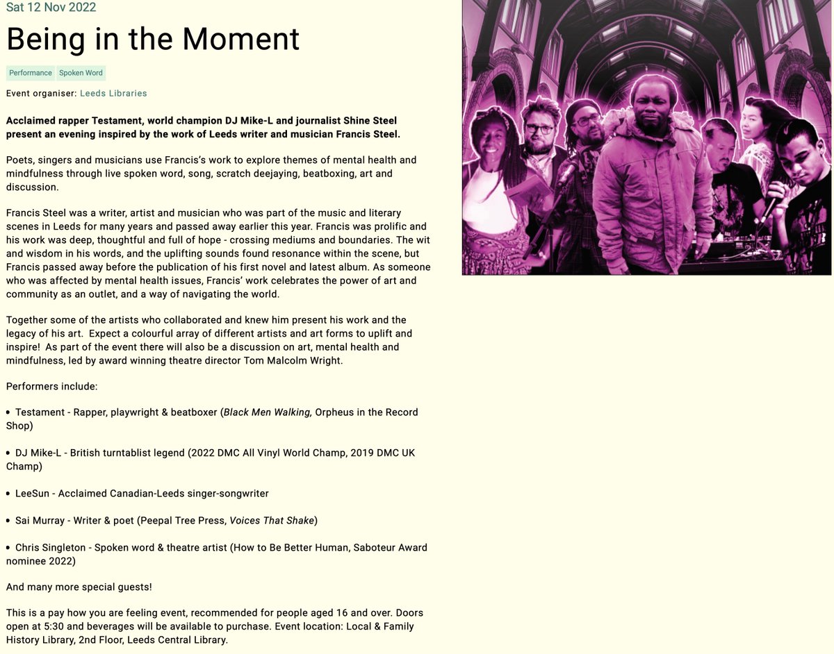Sarah Tyson (@booksupnorth) on Twitter photo Don't miss the fantastic line-up for 'Being in the Moment' on Sat 12th Nov <a href="/leedslibraries/">Leeds Libraries</a> <a href="/VisitLeeds/">Visit Leeds</a> <a href="/Living_North/">Living North</a>
#payasyoufeel #soundmind #whatsoninleeds ticketsource.co.uk/whats-on/leeds… ⬇️⬇️⬇️🎧🎤 Don't miss the fantastic line-up for 'Being in the Moment' on Sat 12th Nov <a href="/leedslibraries/">Leeds Libraries</a> <a href="/VisitLeeds/">Visit Leeds</a> <a href="/Living_North/">Living North</a>
#payasyoufeel #soundmind #whatsoninleeds ticketsource.co.uk/whats-on/leeds… ⬇️⬇️⬇️🎧🎤