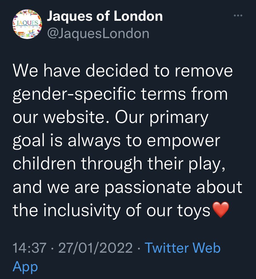 LetToysBeToys's tweet photo. Spotted by a supporter on Insta… We were a bit surprised to see this, particularly as @JaquesLondon posted earlier this year agreeing to ditch the gendered terms on their website. Was this stereotyping just on @AmazonUK marketplace? Sadly not. 🧵1/ https://t.co/065z27Dx51