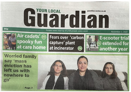 DogStadiumFight's tweet photo. We were in our local paper again on Friday.  With a front page headline.....
Although @LQHomesMatter @G15London say they're not issuing mass Section 21s "at this time" we still remain insecure, unsettled and soon to be losing our homes.... @MayorofLondon @michaelgove @MPIainDS https://t.co/gD59pI7jQP