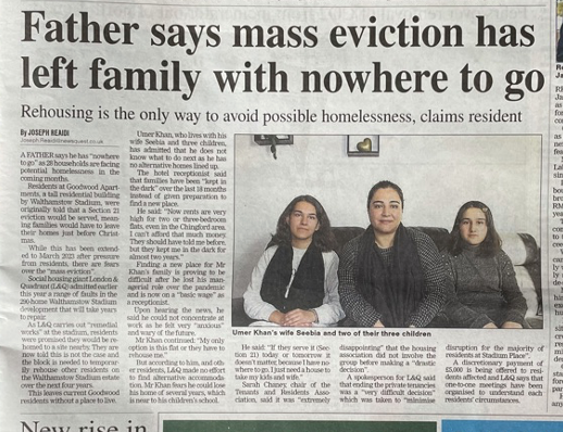 We were in our local paper again on Friday.  With a front page headline.....
Although <a href="/LQHomesMatter/">L&Q</a> <a href="/G15London/">The G15</a> say they're not issuing mass Section 21s "at this time" we still remain insecure, unsettled and soon to be losing our homes.... <a href="/MayorofLondon/">Mayor of London, Sadiq Khan</a> <a href="/michaelgove/">Michael Gove</a> <a href="/MPIainDS/">Iain Duncan Smith MP Chingford & Woodford Green</a>