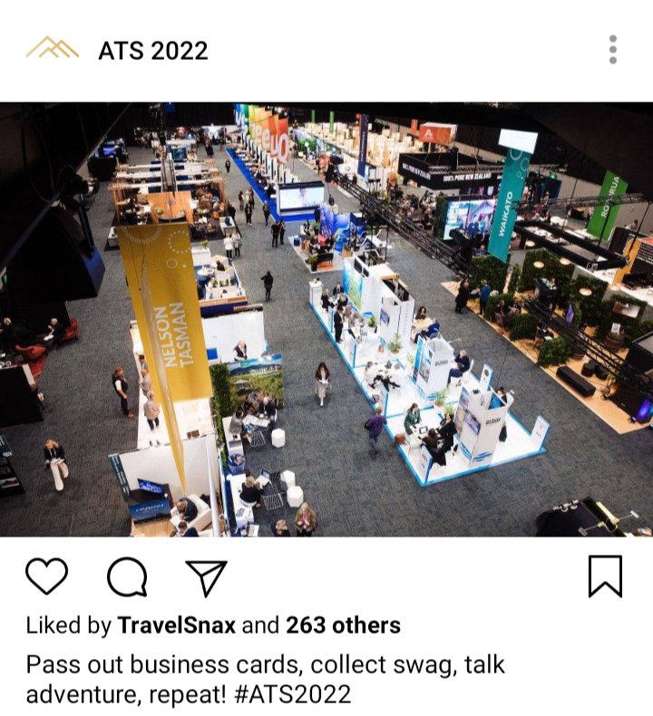 ATS IG : image of showroom floor, vendor set up. Caption reads "Pass out business cards, collect swag, talk adventure, repeat! #ATS2022 