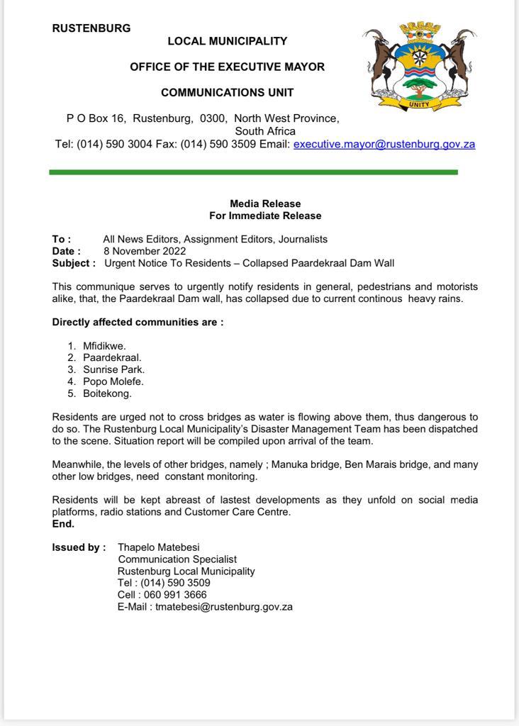 ⚠️ WARNING ISSUED BY RUSTENBURG MUNICIPALITY