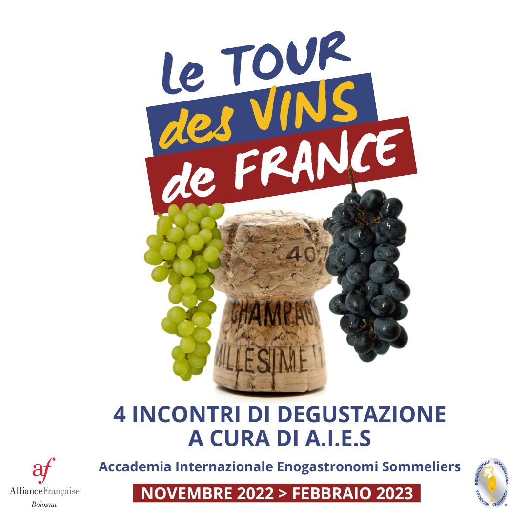 🇫🇷Tour des vins de France🍷
NOVEMBRE 2022-FEBBRAIO 2023.
4 INCONTRI DI DEGUSTAZIONE A CURA DI A.I.E.S
Accademia Internazionale Enogastronomi Sommeliers
Primo incontro: 29 novembre, ore 20:45
“A spasso per vigne francesi”
Info e iscrizioni: afbologna.it/ateliers/tour-… #vino #champagne