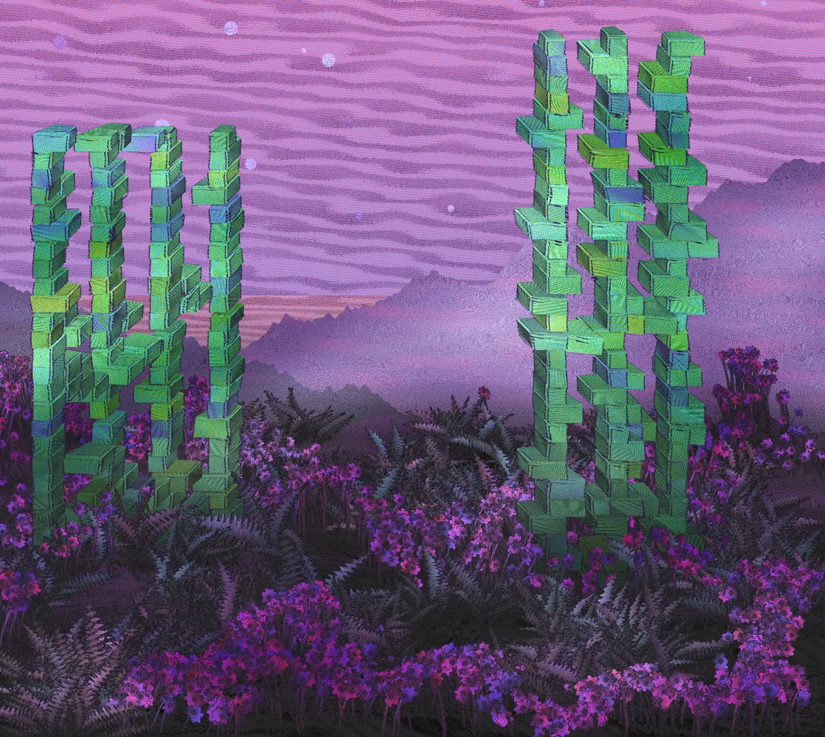 Fave output of the day. Jurassic garden feelings... 

100% code. A WIP. Coming to fxhash.

#mathart #xtz #objkt #NFTCommunity #fxhash #nft