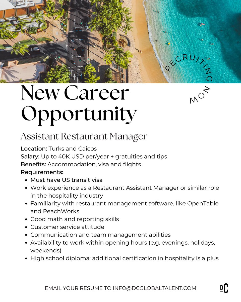 dcglobaltalent's tweet image. Career Opportunity - Assistant Restaurant Manager 

✉️Please send your resume to info@dcglobaltalent.com or visit our website recruiterflow.com/dcglobal/jobs/…  for the full job description. 

#assistantrestaurantmanager #restaurantjobs #foodserviceindustry #newcareeropportunity #newjob