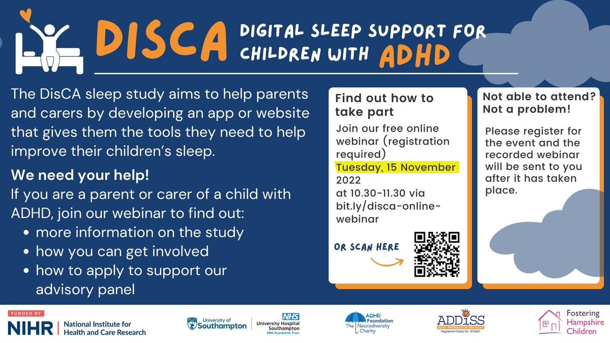 UHSFTresearch's tweet photo. Almost 75% of children with #ADHD have sleep problems.

The DISCA study is partnering with families to help with a new app or website.

If you are a parent or carer of a child with ADHD, join our webinar to find out more.

🗓️ Tue 15th November - 10:30
👉 https://t.co/z6qP3qwNr7 https://t.co/e0en79xttv