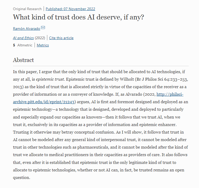 David J. Gunkel (@david_gunkel) on Twitter photo "What kind of trust does AI deserve, if any?"
<a href="/ramonalvaradoq/">Ramón Alvarado</a> provides much needed parsing of the concept of trust and its application to #AI, moving the debate beyond the simple binary oppositions that have unfortunately persisted in #AIEthics.
doi.org/10.1007/s43681⦠"What kind of trust does AI deserve, if any?"
<a href="/ramonalvaradoq/">Ramón Alvarado</a> provides much needed parsing of the concept of trust and its application to #AI, moving the debate beyond the simple binary oppositions that have unfortunately persisted in #AIEthics.
doi.org/10.1007/s43681ā¦