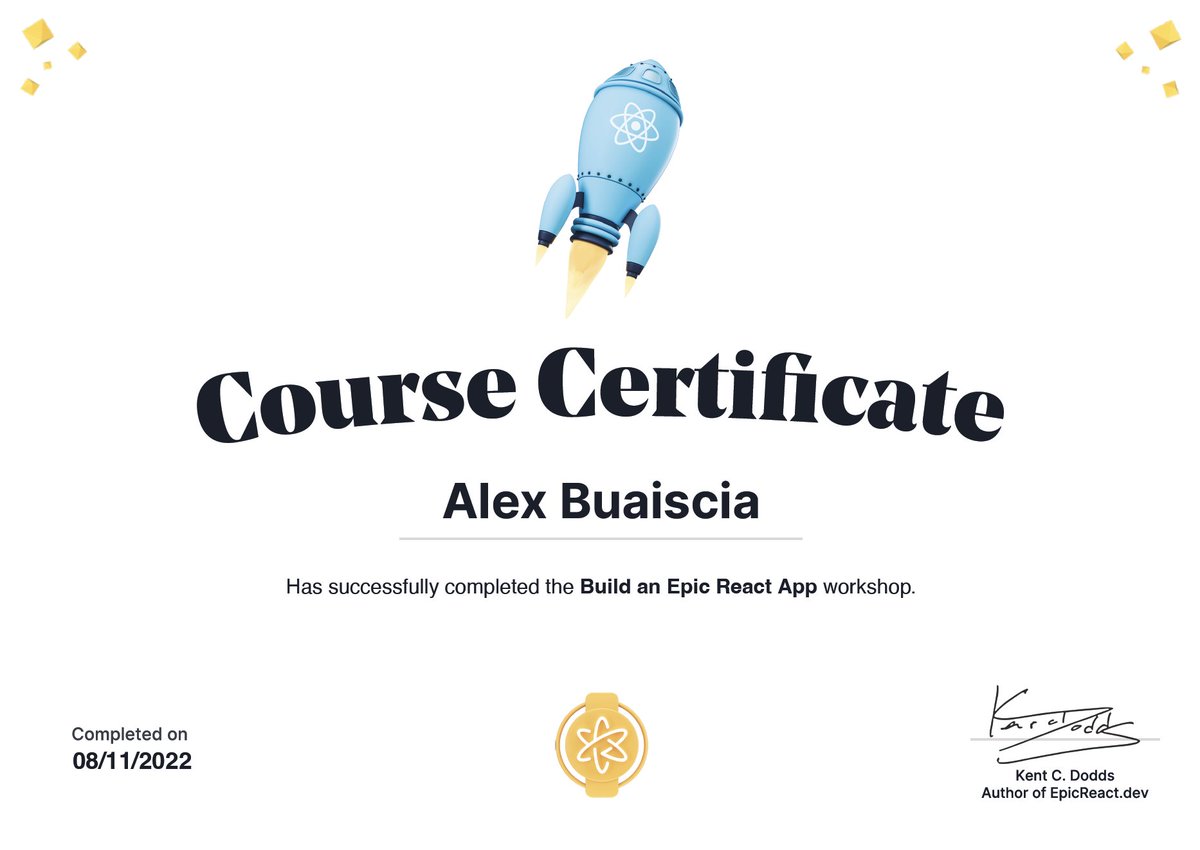 AlexBuaiscia's tweet photo. omg I finished #EpicReact! Took me with ups and downs, not continuously, like 2 years and half lol 😄
that was massive and I applied so many things to my work (except the parts with react-query because ugh we don't use it)
thanks so much @kentcdodds to that impressive work! https://t.co/1TbooLIpac