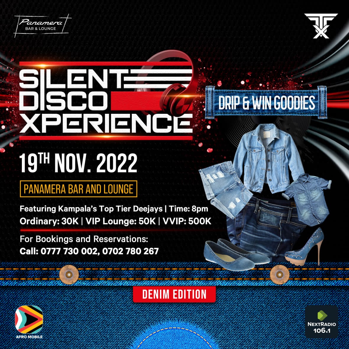 nextradio_ug's tweet photo. #SilentDiscoXperience🎧 | #DenimEdition👖

SAVE THE DATE: 🗓️19th Nov. 2022 | Time 8:00pm

💽🎛💽 Good Vibes from :
@DjNyowe ,@Benondeejaywa, @DjBlack256  and @DjG_Low 

🎟🎫 Tickets:
Ordinary: 30K | VIP: 50K | VVIP: 500K

CC: @TangaFx

#NextRadioUg &amp; @AfroMobileug https://t.co/l2cpXLDWhj