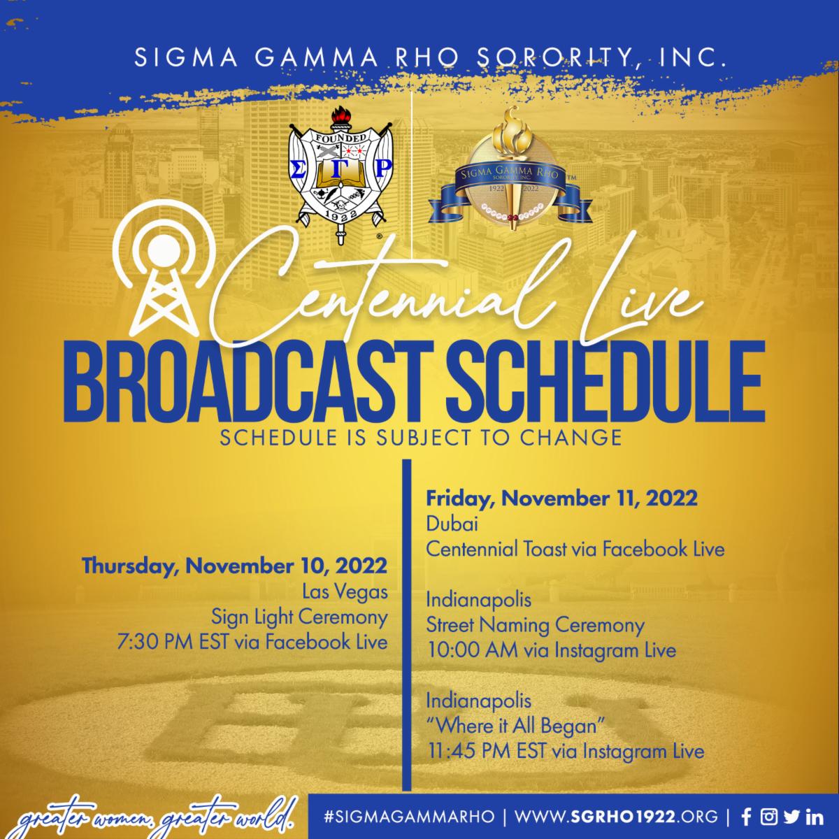 SGRho's tweet photo. We want to make sure that Sorors can participate in the global celebration! Check out the Centennial Live Broadcast Schedule. We will be going live via Instagram and Facebook! Turn on your notifications for any surprises!

#Sgrho100 #SgrhoCentennial #SigmaGammaRho #Greater https://t.co/ZAhpcM001t