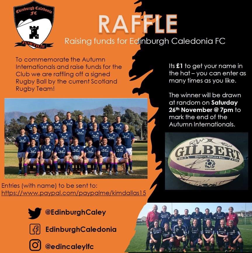 🟠 SIGNED RUGBY BALL 🟠

Raising funds for Edinburgh Caledonia FC with thanks to <a href="/Scotlandteam/">Scottish Rugby</a> for their kind donation.

We are raffling off a signed rugby ball by the current Scotland Men’s Rugby Team!

Entries(with name) sent to
paypal.com/paypalme/kimda…
