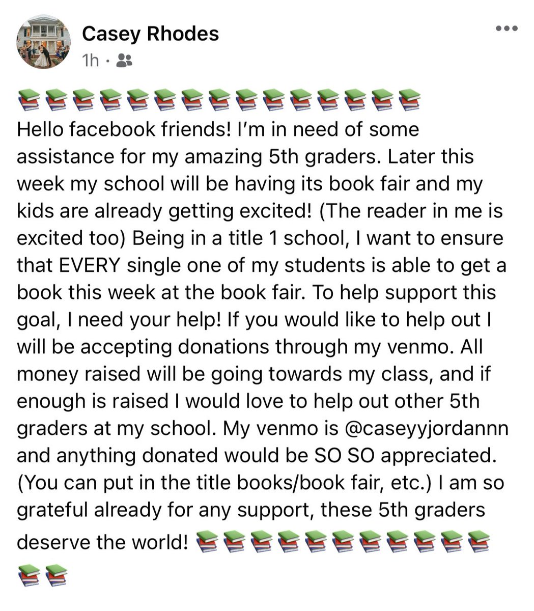 Want to help make sure every single one of my 5th graders gets a book at the book fair this week? I’m taking donations through venmo :caseyyjordannn  #teacher #bookfair 📚📚📚📚📚📚