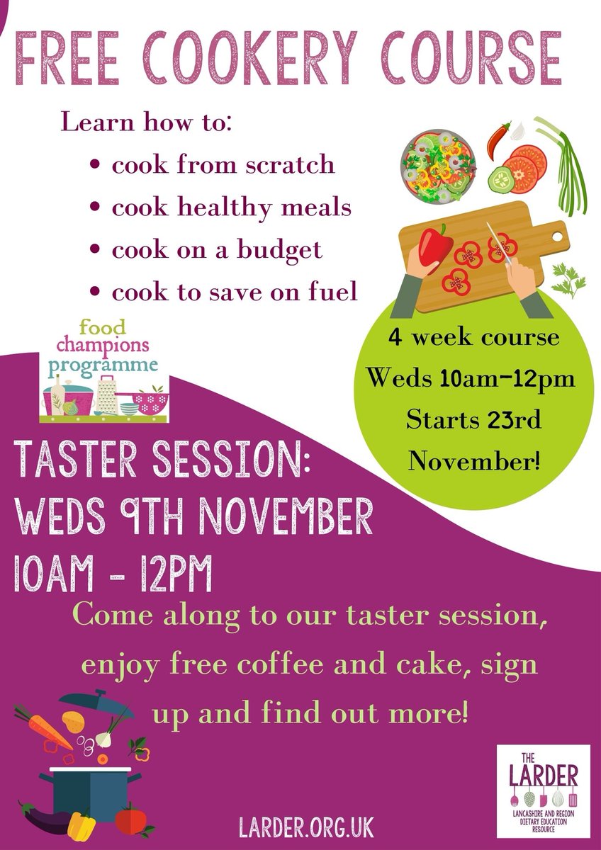 Don't miss out!
FREE 4 week course cooking healthy meals on a budget: starts Wed 23rd Nov 10am - 12pm

Sign-ups &amp; more info (incl free coffee &amp; cake!) 
Tomorrow - Wed 9th Nov 10am - 12pm 
Venue:
The Larder Cafe, Arts &amp; Community Hub
50 Lancaster Rd
PR1 1DD