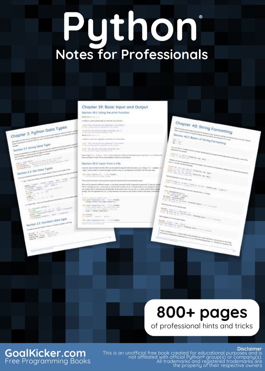 dansar39's tweet photo. Libros  en PDF  GRATIS, incluido este libro de 856 páginas > > #Python Notas para profesionales, con fragmentos de código, sugerencias y trucos: https://t.co/NRLjPy3UxI
#Coding #PyDev #Developers #BigData #DataScientists #MachineLearning #AI #DataScience #100DaysOfCode https://t.co/9Jk7UW4MiR