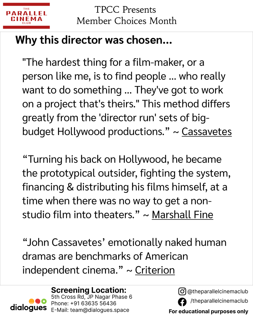 parallelcinemas's tweet photo. 3/3 TPCC presents Member Choices Month

This week we focus on the work of John Cassavetes &amp; his spirit to be an independent director.

#tpcc #filmclub #bangalore #dialoguescafe #bengaluru #johancassavetes #americanfilm #artfilm #filmclub #indie #indiefilm #filmtwitter https://t.co/Qn0VwO4xBH