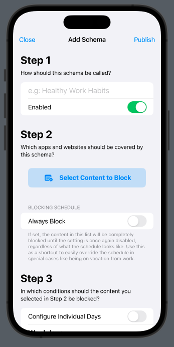 BurnoutBuddy's tweet photo. The next update will add more ways for you to activate schemas! The first one will be a "time limit" condition just like in the Screen Time app, but I also to add support for Siri Shortcuts-based activation later on. But before that, we're improving the design a little bit... https://t.co/0fY0eURhc5