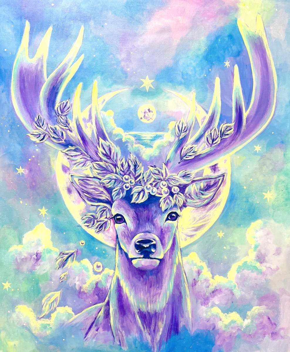 no humans traditional media moon painting (medium) cloud antlers sky  illustration images