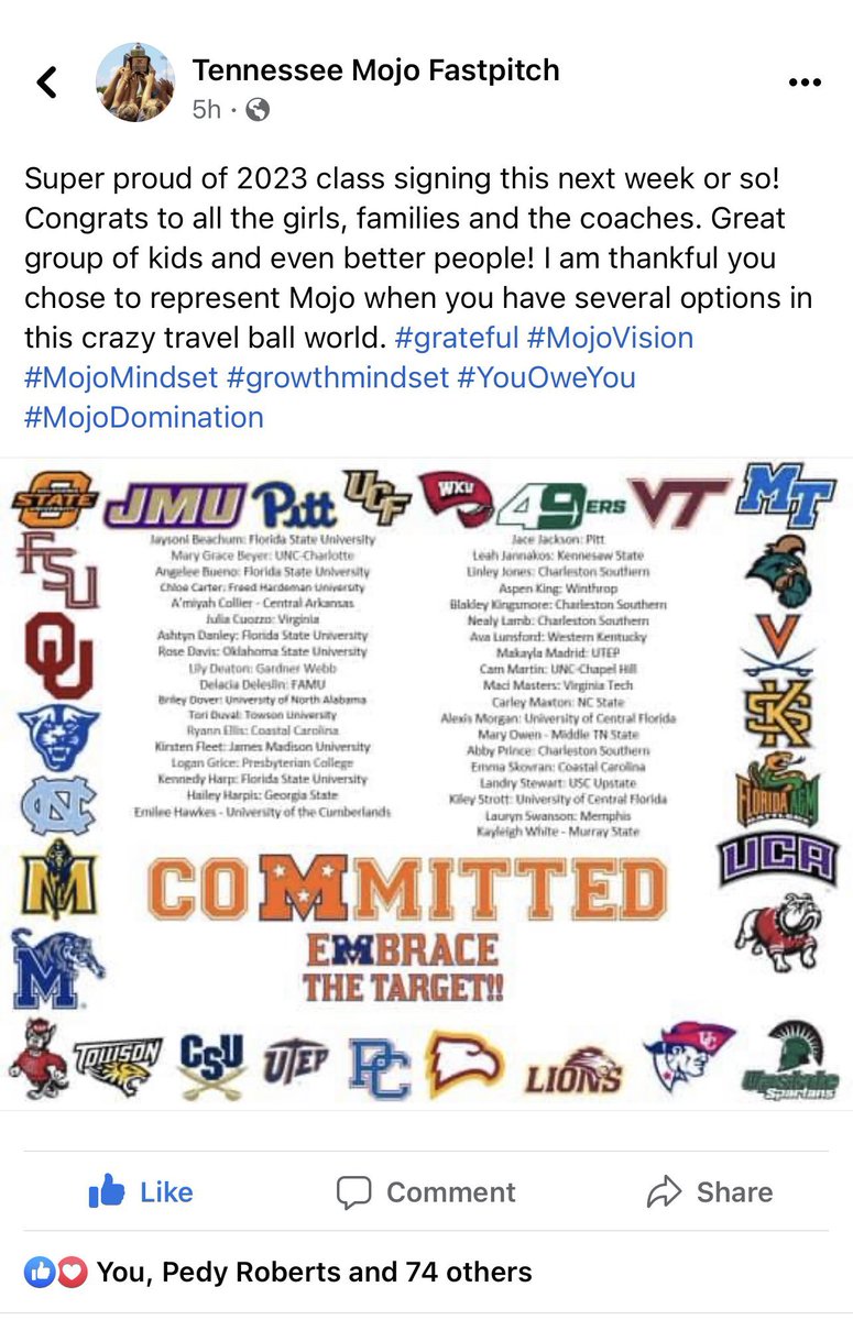 Pedy Roberts (@mojo__coach) on Twitter photo Proud to be a part of this organization & for all the young ladies who will be signing this week with their respective colleges & universities! Extremely happy for our young ladies off our Mojo Pedy/Hyatt team on signing! #MojoNation <a href="/Mojo_Carolinas/">Mojo of the Carolinas</a> @TnMojoFastpitch@ Proud to be a part of this organization & for all the young ladies who will be signing this week with their respective colleges & universities! Extremely happy for our young ladies off our Mojo Pedy/Hyatt team on signing! #MojoNation <a href="/Mojo_Carolinas/">Mojo of the Carolinas</a> @TnMojoFastpitch@