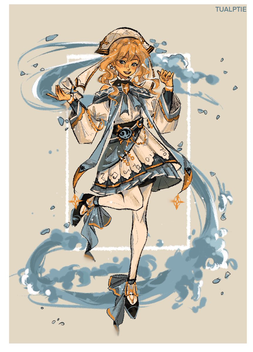 barbara (genshin impact) ,jean (genshin impact) 1girl solo blue eyes blonde hair water smile dress  illustration images