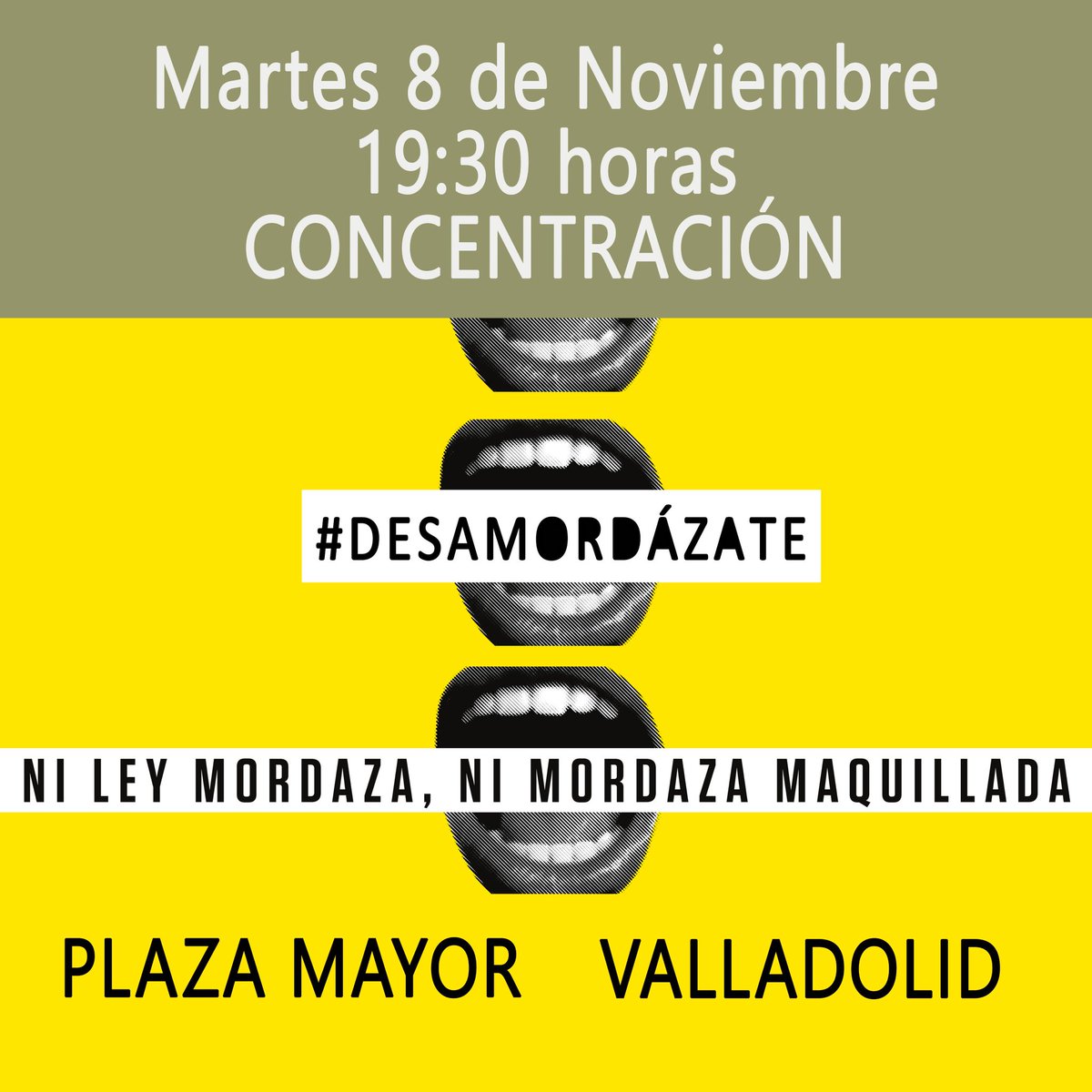 🔴 #DESAMORDÁZATE 

🗓 HOY❗ 
⏰ 19:30
📌 Pza Mayor de #Valladolid

👉 Desde <a href="/AI_Valladolid/">AI Valladolid</a> convocan esta #concentración ante la #vulneracióndederechos y libertades de la #LeyMordaza, como la #libertaddeexpresión, reunión pacífica e información, así como los derechos #migrantes.