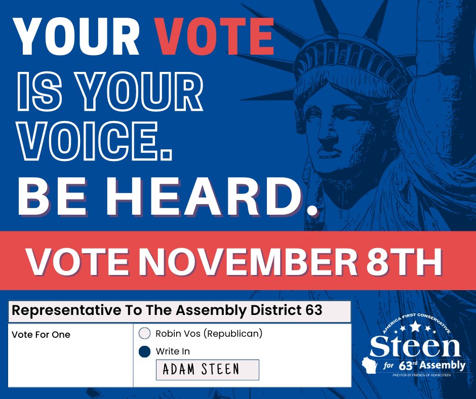 steenforus's tweet photo. Today is Election Day.

The voice of the American people will be heard today.

It's time for all of us to go out and make our voices heard!

#writeinsteen #steenforwritein #steenforthewritein #conservativepolicies #Steenforus #AdamforWisconsin #tossvos #americafirstconservative https://t.co/ohAryStL7x