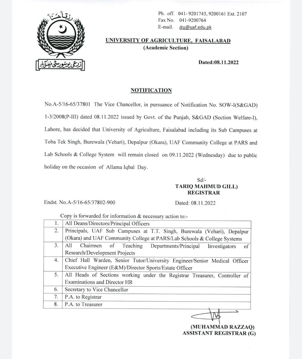 Uaf_do's tweet photo. University of Agriculture, Faisalabad including its sub-campuses Toba tek Singh, Burewala (Vehari), Depalpur (Okara), UAF Community College at PARS and lab school &amp; college system will remain closed on 09-11-2022 due to public holiday on the occasion of Allama Iqbal Day https://t.co/xqwf5XXpG7