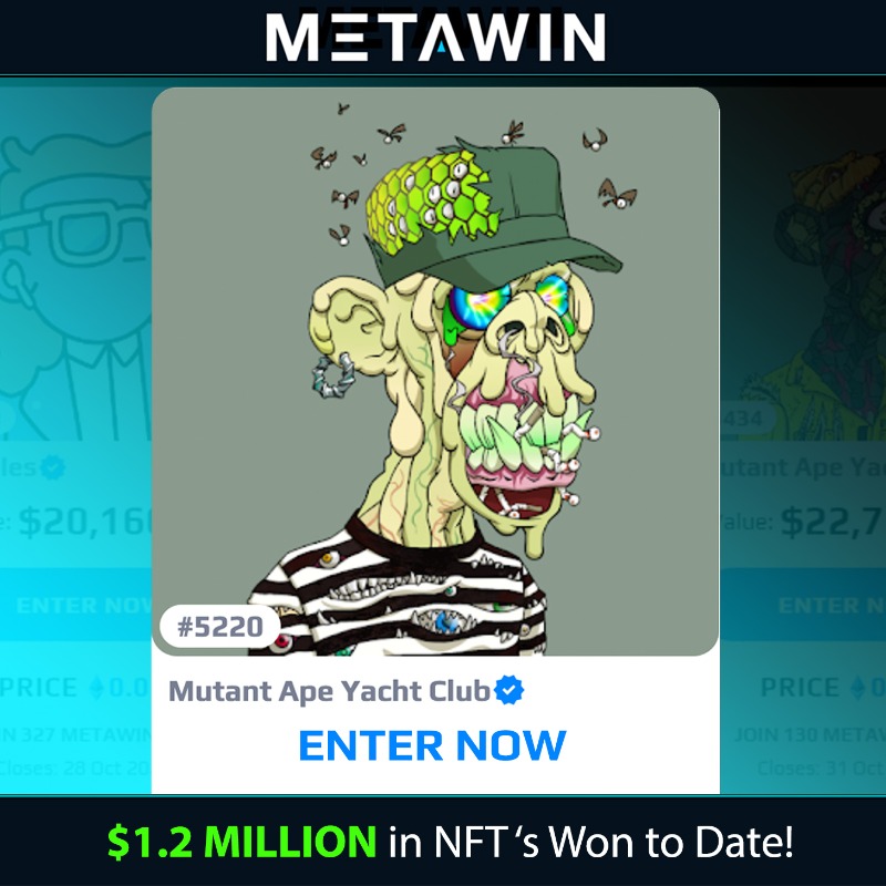 MetaWin's tweet photo. Closing Monday ! M2 Mutant Ape 5220 is leaving.. 

Will this beautiful and rare mutant be heading to your wallet? 

https://t.co/zMcILptzOV 🏃
