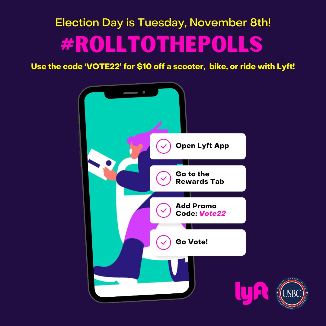 TODAY IS THE DAY! #RollToThePolls this year with a ($10 off) ride credit with @Lyft. Use the code ‘VOTE22’ to grab a scooter, a bike, or a ride. Let’s roll, America 🙌