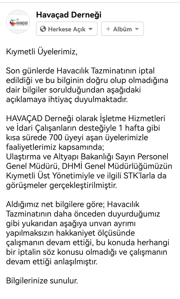 HAVAÇAD DERNEĞİ AÇIKLAMASIDIR.

<a href="/UabPersonelGM/">UAB Personel Genel Müdürlüğü</a> <a href="/leylaakinci_/">Leyla Akıncı</a>

<a href="/dhmikurumsal/">DHMİ Genel Müdürlüğü</a> #EnesÇakmak <a href="/cengizpasaoglu/">Cengiz Paşaoğlu</a> <a href="/cakmakfatih/">Fatih Cakmak🇹🇷</a> <a href="/dhmihkeskin/">Dr. Hüseyin KESKİN</a>

<a href="/UCMSGenelMerkez/">ULAŞTIRMA MEMUR-SEN</a> @Kenanncaliskan
<a href="/tulasimsen/">TÜRK ULAŞIM-SEN</a> <a href="/MustafaNALBAYR1/">Mustafa N.ALBAYRAK</a>
<a href="/BTSGENELMERKEZ/">BTS Genel Merkezi</a> <a href="/muratoral21/">Murat Oral</a>
<a href="/UlasimIs/">Ulaşım-İş Sendikası</a> #CihatKoray
<a href="/Milulastirmase1/">MİL ULAŞTIRMA SEN</a> <a href="/mehmetyildizmil/">Mehmet YILDIZ</a>
⬇️