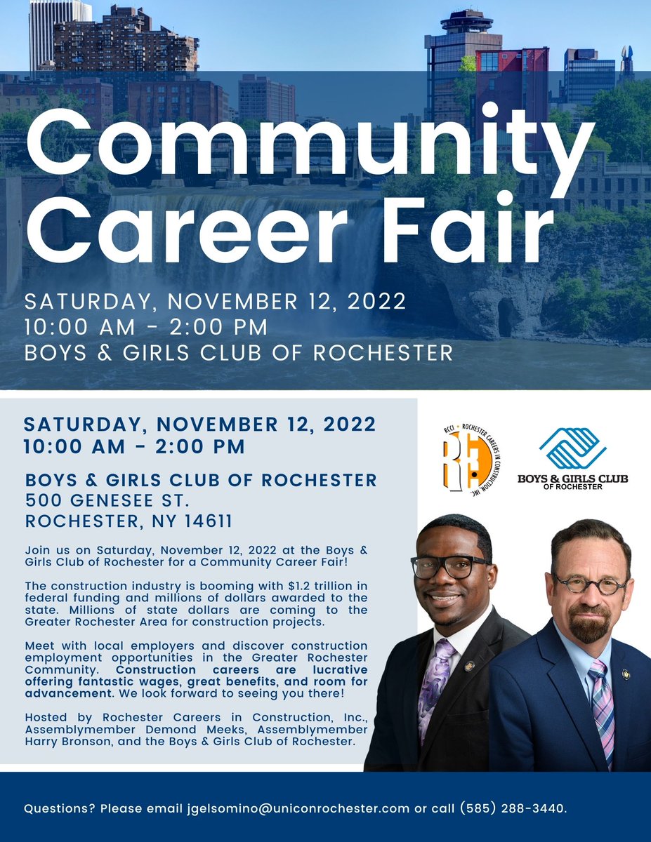 UNICONRochester's tweet photo. Join us THIS SATURDAY, November 12, 2022 from 10:00 AM - 2:00 PM at the Boys &amp; Girls Club of Rochester for a Community Career Fair!

To register please email jgelsomino@uniconrochester.com or call (585) 288-3440.

#uniconrochester #unicon #careerfair #community #rochesterny https://t.co/0o5bp56Msz