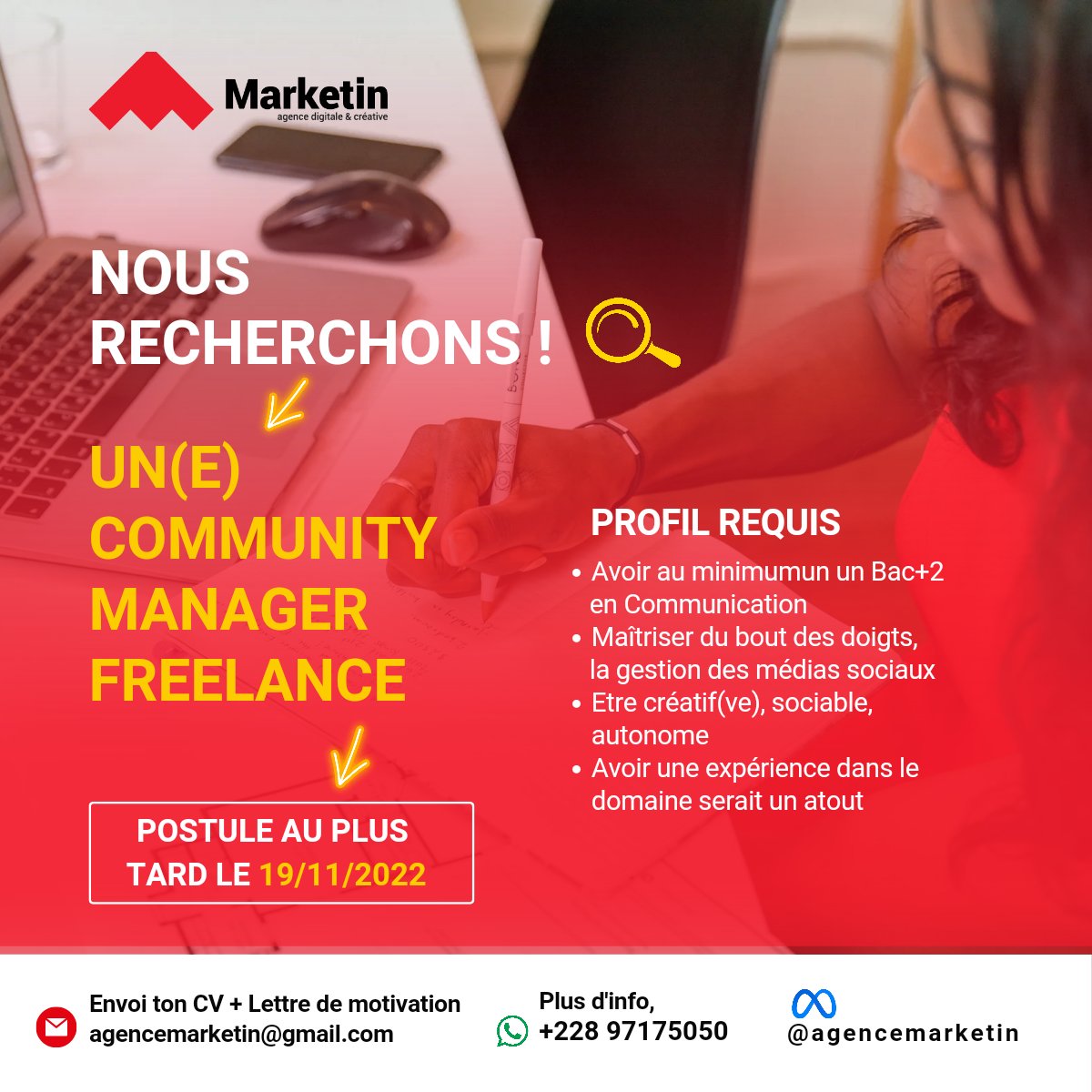 agenceMarketIn's tweet photo. / Job / Nous recherchons la perle !

Poste à pourvoir : Community Manager.

Candidature féminine vivement encouragée.

Offre valable en freelance/télétravail !

Envoyez votre CV et Lettre de motivation au plus tard le 19/11/22 via mail à agencemarketin@gmail.com 

+228 97175050 https://t.co/xtDEbfyFsc
