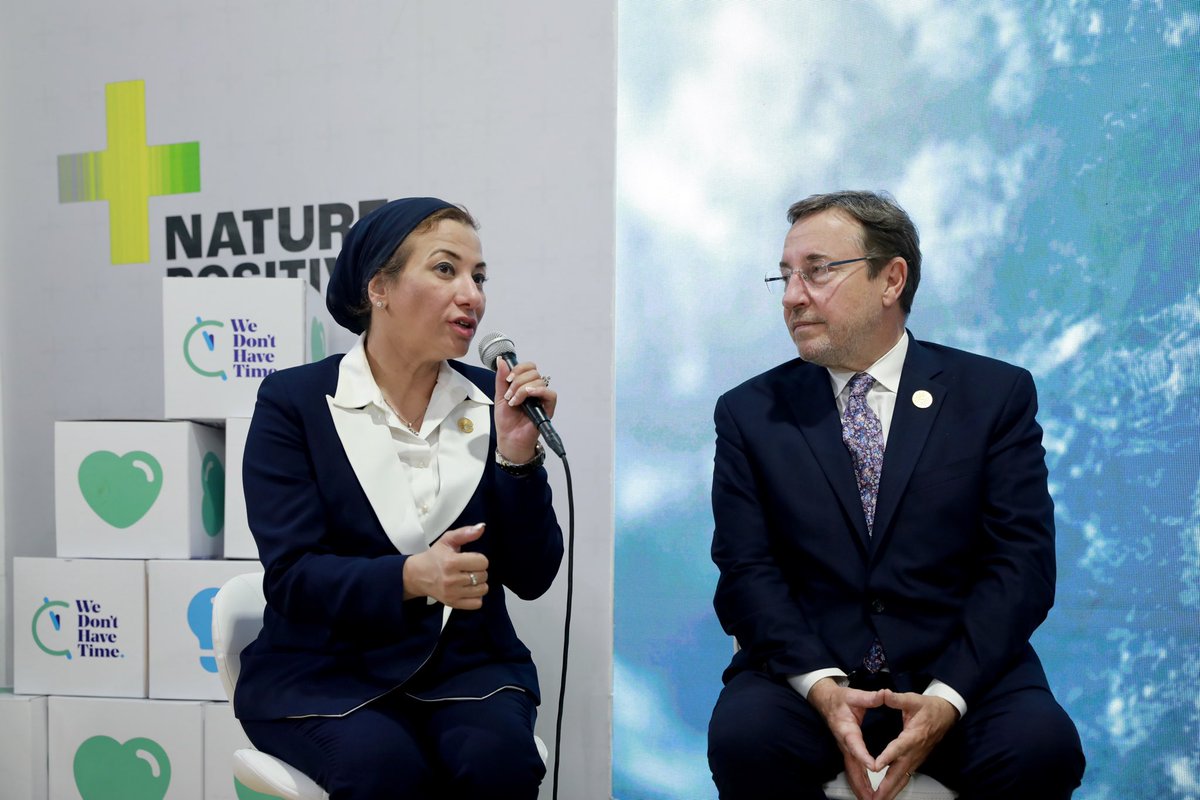 EGY_Environment's tweet photo. "We have to recognize that one side alone will not be able to deliver all the solutions, but to deny the other side's contribution is also not going to get us further." @ASteiner, @UNDP Administrator joins #Egypt’s Minister of Environment Dr Yasmine Fouad in the ‘Nature Zone.' https://t.co/e4V7M0HfFd