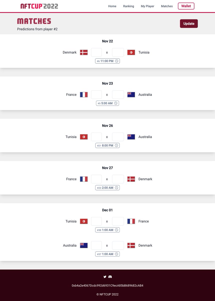 nftcup2022's tweet photo. 🇫🇷🇦🇺🇩🇰🇹🇳

Who will advance from Group D at the #FIFAWorldCup?

Place your tips at https://t.co/QgpqFXqdjj and be one of the top players in the ranking for a chance to win prizes.

#Web3 #NFT #WorldCup2022 #Blockchain #Ethereum #NFTCUP2022 #France #Australia #Denmark #Tunisia https://t.co/dlw9mdiJSz
