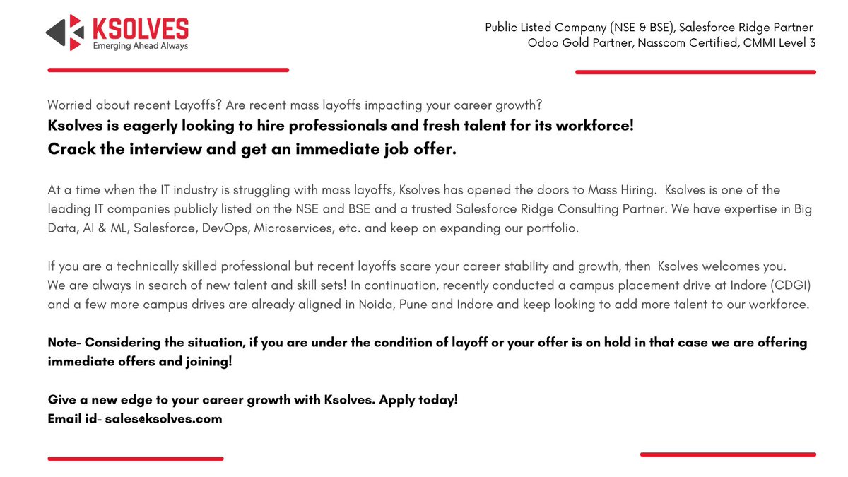 _Ksolves's tweet photo. Worried about recent Layoffs?

Ksolves is eagerly looking to #hireprofessionals and fresh talent for its workforce! 

Crack the interview and get an immediate job offer. 
Apply today!  
Email id- sales@ksolves.com

#EmergingAheadAlways #Wearehiring #CareersAtKsolves #WeAreGrowing https://t.co/fS0lcATsmU