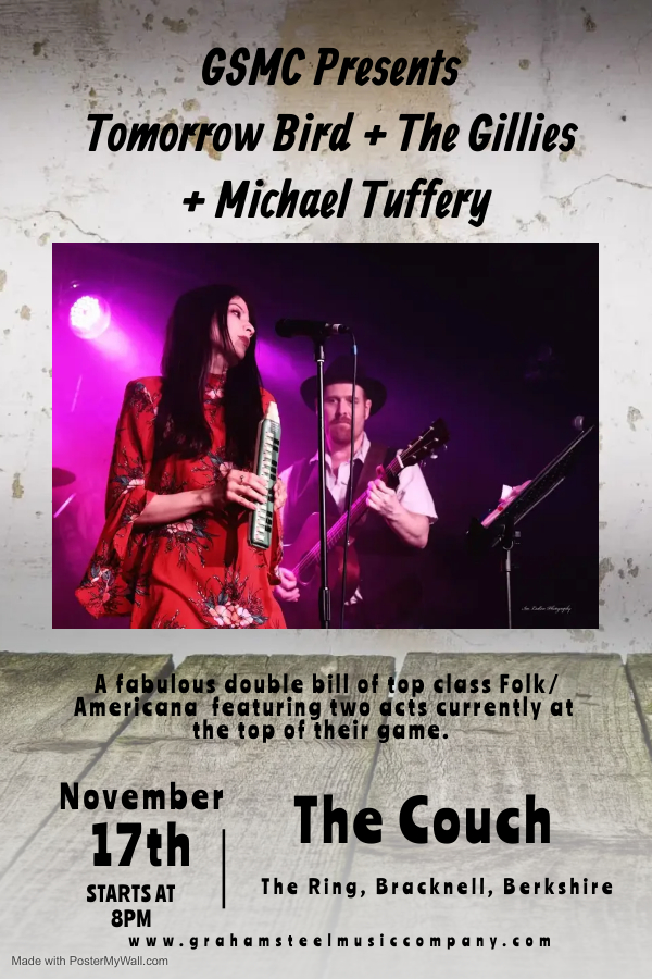 GSMC News 
We are delighted that Michael Tuffery will be performing alongside Tomorrow Bird &amp; The Gillies at The Couch, Bracknell on Thursday 17th November at 8pm, to book go to :- wegottickets.com/event/554676