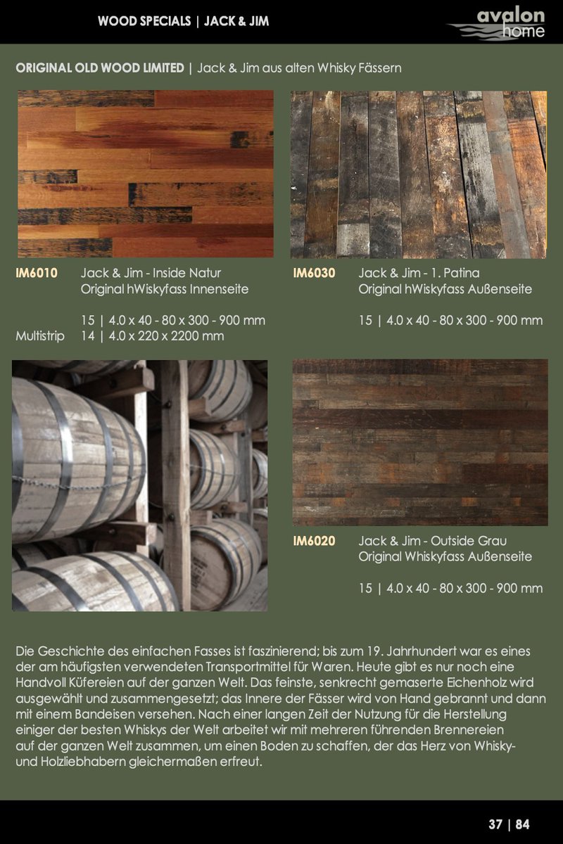 Holzböden aus alten Whiskyfässern. Infos und Preise bekommen Sie bei einer Anfrage mail@bodenvomsee.de

Dazu unseren neuen 84 seitigen Katalog Avalon home 2023 mit vielen aussergewöhnlichen Holzböden.