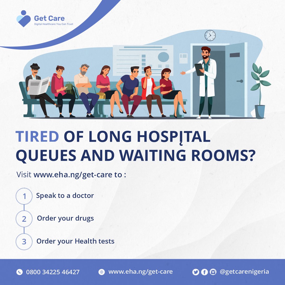GetCareNigeria's tweet photo. You don't have to endure hospital queues and waiting rooms. Visit https://t.co/34EKYobm18 to access high quality healthcare from the comfort of your home.

Chat us up on Whatsapp via 09093995002 or call our toll free number 0800 34225 46427

#GetCare
#telemedicine 
#digitalhealth https://t.co/Q8FXvYemVM