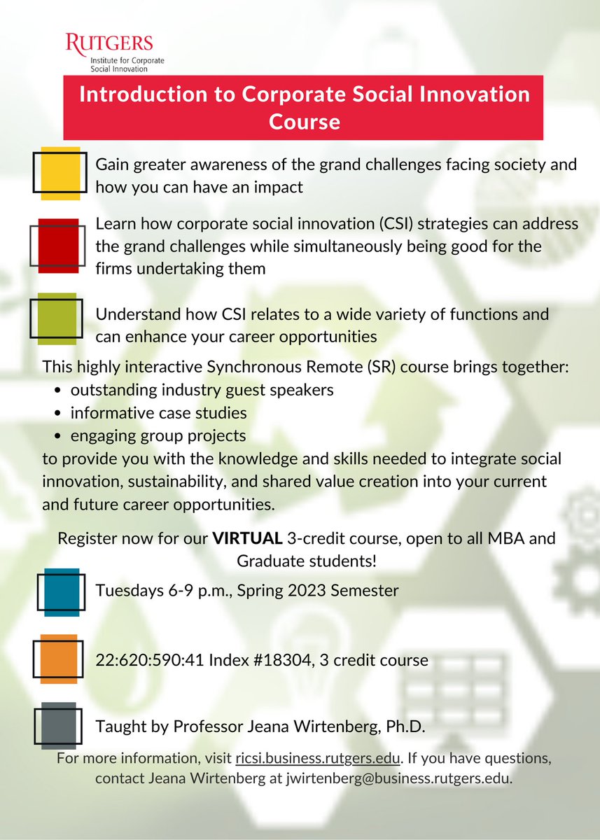 Attention <a href="/RutgersBSchool/">RU Business School</a> and <a href="/RutgersGSN/">Rutgers Graduate School - Newark</a> Graduate Students! Register now for our 3-credit Introduction to #CorporateSocialInnovation course! Meeting virtually Tuesday's from 6-9 p.m.